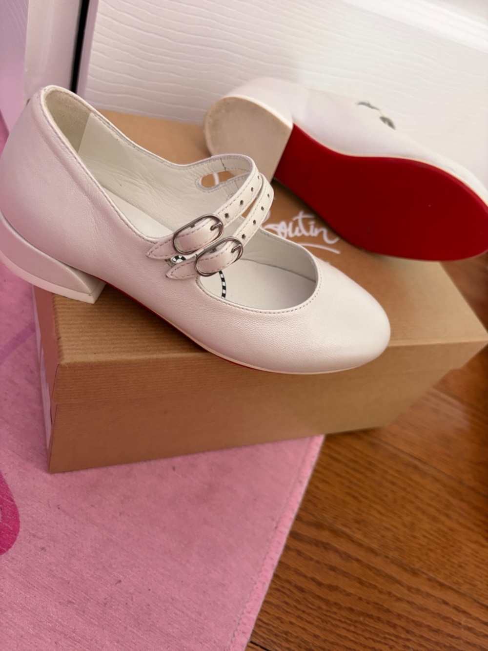 GIRL Christian Louboutin White Leather Double Strap Mary Jane with Red Sole